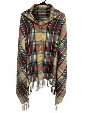 Top It Off One Size Plaid Button-Up Fringe Poncho Shawl Wrap Cozycore Hygge